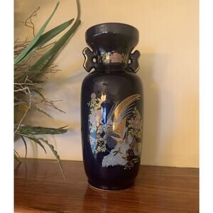 Vintage Japanese Marked Bijutsu Toki Porcelain Peacock Flower Vase with Handles